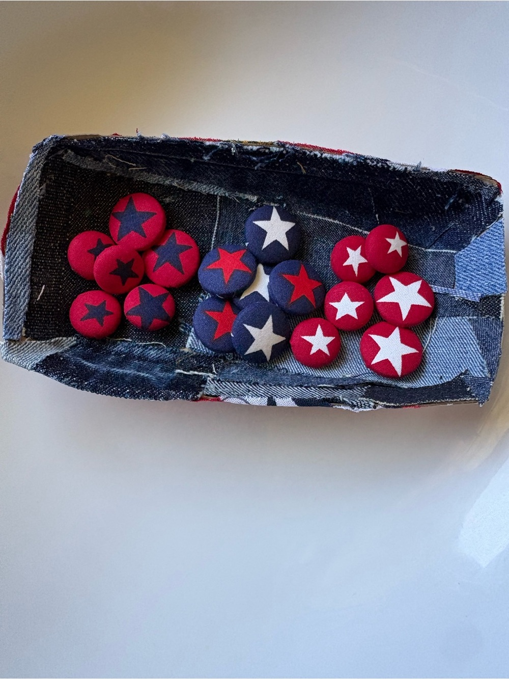 Patriotic Star Print Red/White/Navy Fabric Buttons - 10 7/8 & 8 5/8